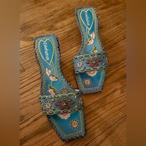 John Fashion slide mule. Royal blue with embroidered flowers & sparkles. Size 9